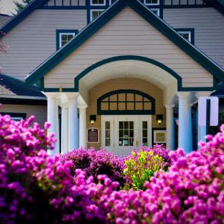 A charming entrance surrounded by vibrant pink flowers.