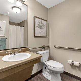 A modern bathroom featuring a toilet, sink, mirror, and grab bars for accessibility.