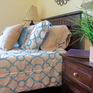 Cozy bedroom with a neatly arranged bed, decorative pillows, and a nightstand featuring a lamp and plant.