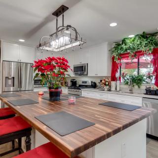 A modern kitchen with a wooden island, red stools, and vibrant plants.