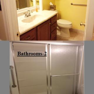 A split view of a bathroom showing a sink, toilet, and shower.