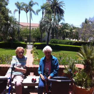 Two people sitting on benches in a sunny garden with palm trees in the background.