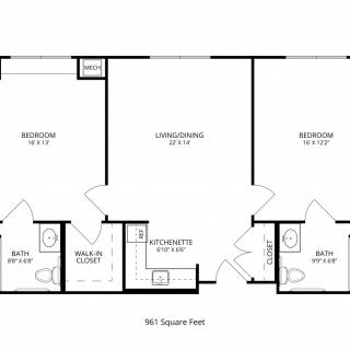 A floor plan of an apartment featuring two bedrooms, a living room, kitchen, and bathrooms.