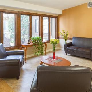 A cozy living room featuring leather sofas, a wooden coffee table, and large windows that let in plenty of natural light.