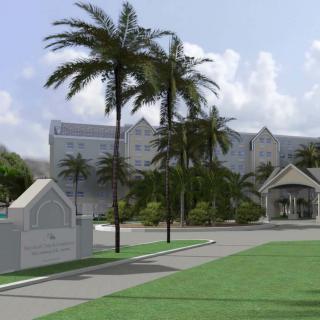 A tropical resort entrance lined with palm trees.
