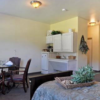 A cozy room with a kitchenette, dining area, and bed, decorated with plants and modern furnishings.