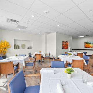 A modern dining area featuring elegant decor and a welcoming atmosphere.