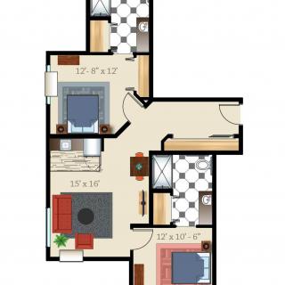 Apartment floor plan with two bedrooms, a living room, kitchen, and bathroom.