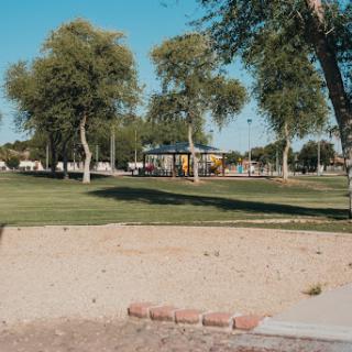 A serene park scene featuring a playground surrounded by lush greenery and clear blue skies.