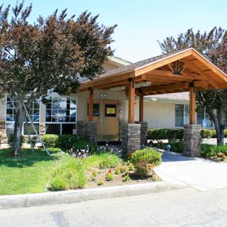 A welcoming entrance to a modern building surrounded by well-maintained landscaping.
