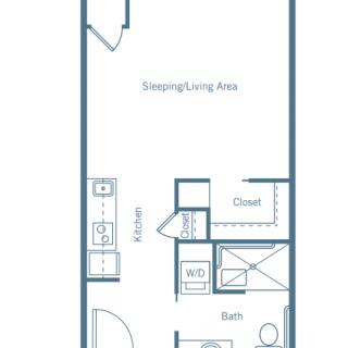Studio apartment floor plan with living area, kitchen, bathroom, and closet.