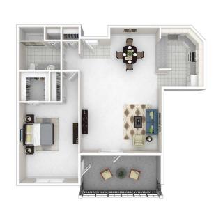 A floor plan of a one-bedroom apartment featuring a living room, kitchen, dining area, and balcony.