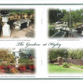 A collage showcasing the beautiful landscapes and features of The Gardens at Hayley, including sculptures, bridges, flower beds, and lush greenery.