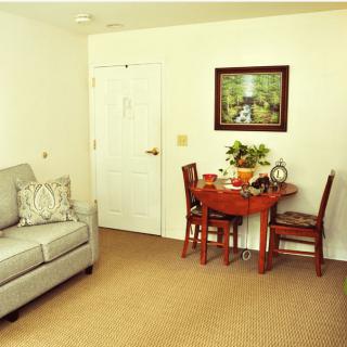 A cozy living room features a gray sofa, a round wooden table with chairs, and a framed painting on the wall.