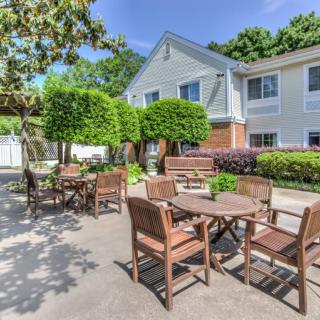 A sunny outdoor patio area with wooden tables and chairs surrounded by greenery.