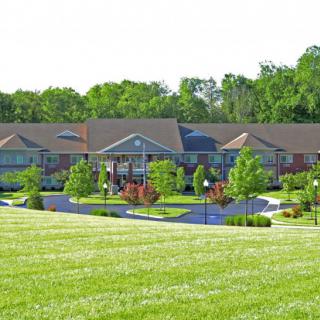 A scenic view of a suburban neighborhood with well-maintained lawns and surrounding trees.