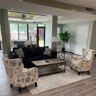 A modern living room with a black sofa, patterned armchairs, and large windows allowing natural light.