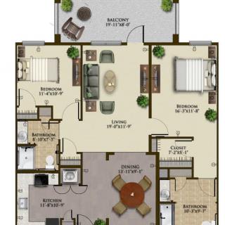 This is a floor plan of an apartment featuring two bedrooms, a living room, kitchen, dining area, bathroom, and a balcony.