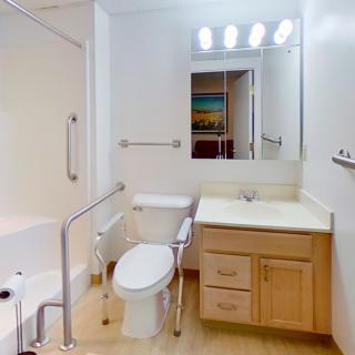 A modern bathroom featuring a toilet, sink with vanity, mirror, bathtub, and grab bars for accessibility.