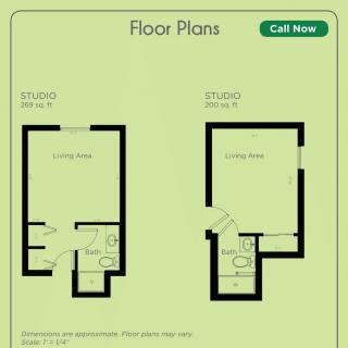 Studio apartment floor plans showcasing two different layouts.