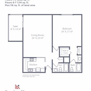 A floor plan of a one-bedroom apartment featuring a living room, kitchen, dining area, and bathroom.