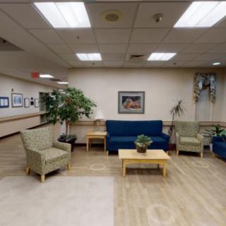 A cozy waiting room with sofas, chairs, and a coffee table, decorated with plants and artwork.