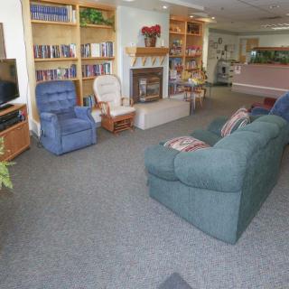 A cozy living room with a sofa, armchair, bookshelves, a television, and a fireplace.