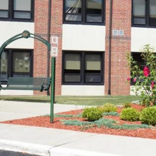 A bus stop bench in front of a building with landscaped greenery.