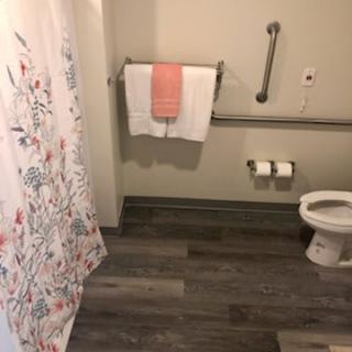 A bathroom featuring a shower curtain, a toilet with grab bars, and a towel on a rack.