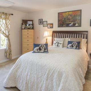 A cozy bedroom with a neatly made bed and decorative pillows featuring dog prints, surrounded by charming wall art and furniture.