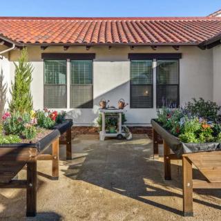 A sunny garden with raised beds and a wheelbarrow in front of a building with a red roof.