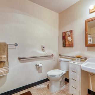 A well-equipped bathroom with accessibility features including handrails, a toilet, sink with vanity, and decor elements.