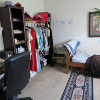 A tidy bedroom with a clothes rack, desk chair, and decorative carpet.