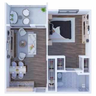A modern 1-bedroom apartment floor plan featuring a living room, kitchen, and bathroom.