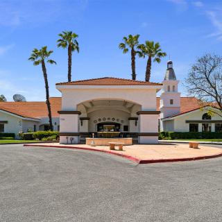 A bright day view of a building entrance with palm trees and clear blue sky.