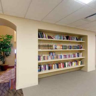 A well-organized bookshelf in a quiet library corner.