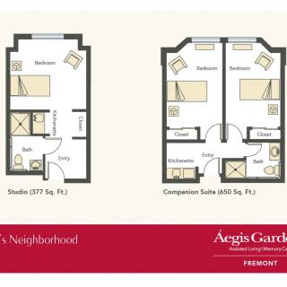 Floor plans of a studio apartment and companion suite at Aegis Gardens.