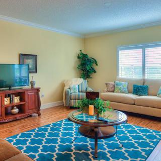 A cozy living room with a beige sofa, blue patterned rug, and a large window.