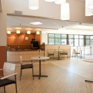A modern cafe interior featuring a seating area with tables and chairs, illuminated by contemporary lighting fixtures.
