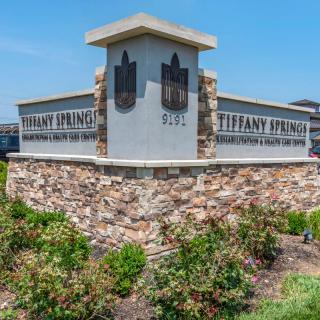 Stone entrance sign for Tiffany Springs with landscaping.