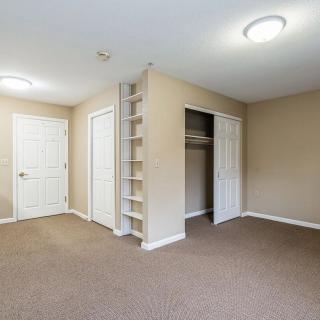 An empty room with beige walls, carpet flooring, and an open closet with built-in shelves.