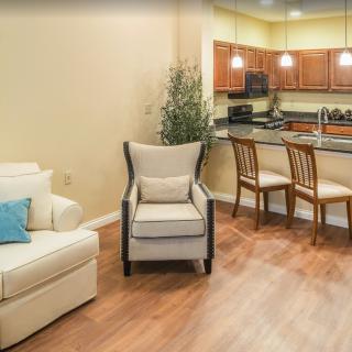 A cozy open-concept living room and kitchen with modern furnishings and warm hardwood floors.