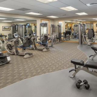 A spacious gym equipped with various exercise machines and weights.