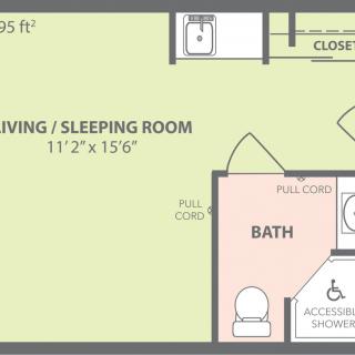 A floor plan of a studio apartment with a combined living/sleeping area and an accessible bathroom.
