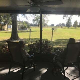 Two people sitting on a porch, enjoying the view of a sunny backyard.