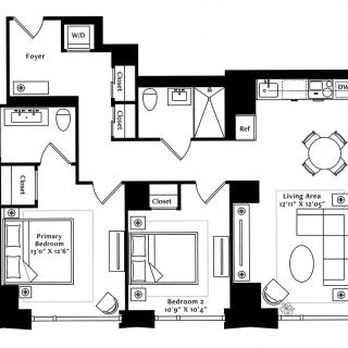 A detailed floor plan of a two-bedroom apartment featuring a kitchen and living room.