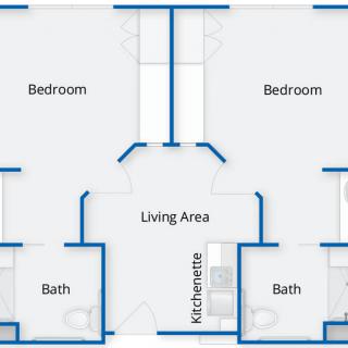 A floor plan featuring two bedrooms, two bathrooms, and a central living area.