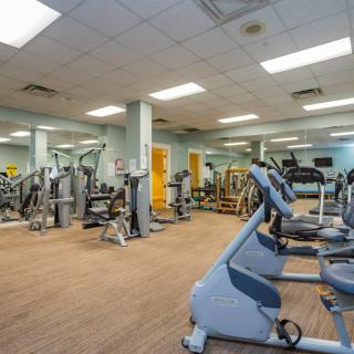 A well-equipped gym with various exercise machines and treadmills.