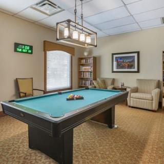 A cozy game room featuring a pool table, comfortable seating, and a bookshelf.