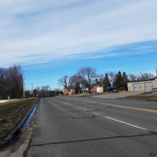 A quiet street scene with trees and buildings under a clear sky.